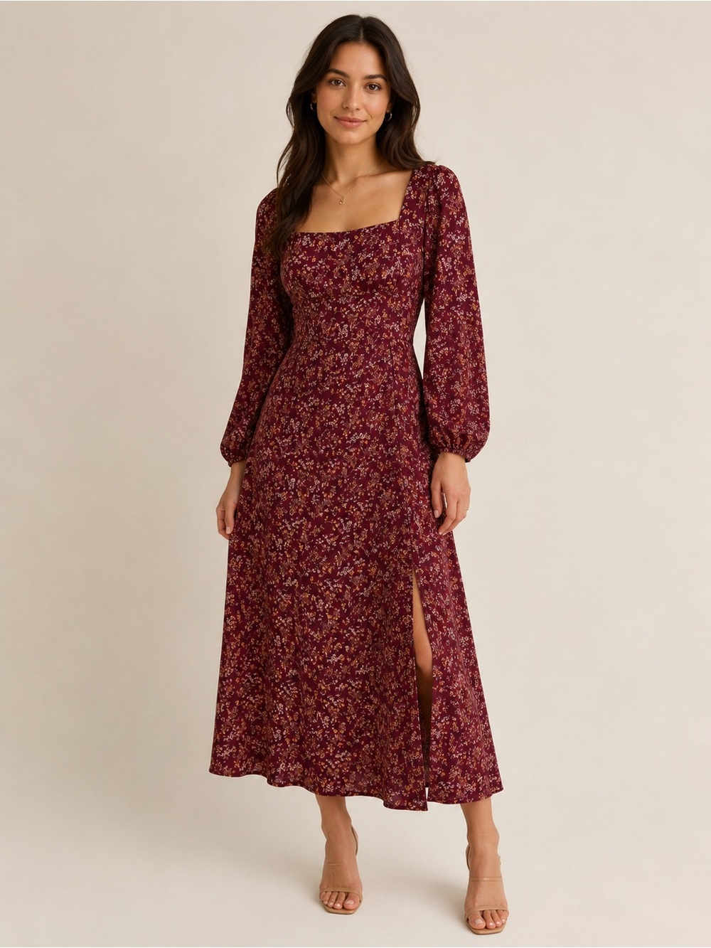 AUGUSY SKY • maroon floral dress with balloon sleeve size large